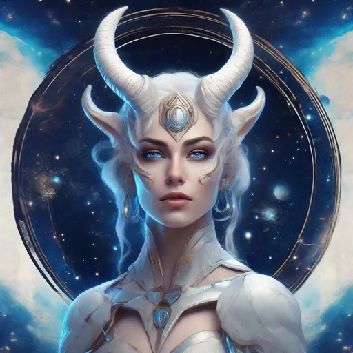 Prompt: fantasy concept beautiful woman with horns white skin, blue eyes, in space standing looking at the future, surrounded by stars and planets, aries born, warrior queen, looking rich.