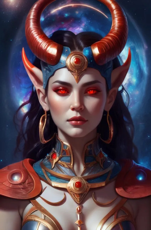 Prompt: zodiac beautiful woman, fair skin, red eyes, in space standing looking at the future, surrounded by stars and planets, powerful, energy flow, warrior queen, looking rich with aries horns.