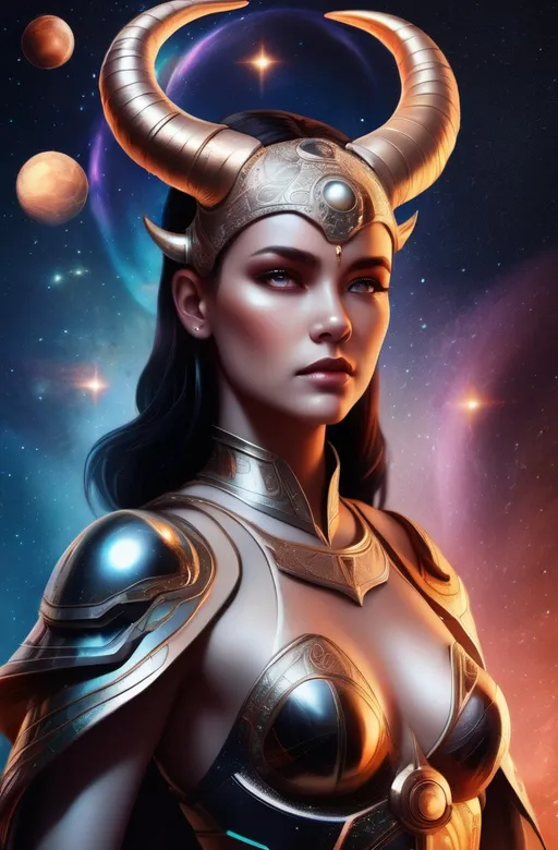 Prompt: zodiac beautiful woman, fair skin, glow eyes, in space standing looking at the future, surrounded by stars and planets, powerful, energy flow, warrior queen, looking rich with aries horns.