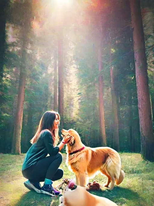 Prompt: Create an anime-style image of a girl in a forest, kneeling and playing with a golden retriever under the sun, with vibrant colors and a cartoon effect. The girl is holding the dogs front two legs with her two hands. Dog is slightly standing with two legs on ground and two legs with the height of girls shoulder in such a way that the height of the girl and the dog looks almost equal.
There should not be any text on the image created. Take reference from the image I gave in reference in pose, face, etc.