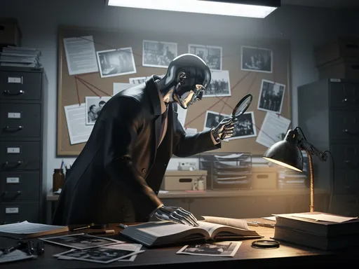 Prompt: A highly stylized 3D render of a featureless human figure with no facial features, fully smooth and reflective material, in a dimly lit evidence-analysis room filled with scattered case files, a corkboard with red strings, magnifying tools, metal filing cabinets, and a single old desk lamp. The figure is positioned leaning over the desk, one hand on a file folder and the other hand holding a magnifying glass toward a pinned photograph. Wearing a dark, minimalistic detective-style long coat with no textures. The scene is lit with a cold top-down fluorescent light combined with the warm glow of the desk lamp, casting sharp, directional shadows across the papers. The background is a blurred investigation office with silhouettes of shelves. The figure’s surface is perfectly seamless and ultra-polished, no lines, no seams, no joints, no cracks, no artifacts. Cinematic angle low-angle close-up shot. Ultra-realistic 3D rendering.
