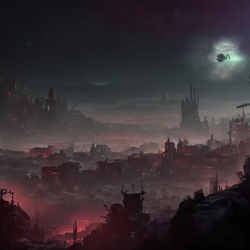 Prompt: a war torn futuristic 
 grim dark gothic city in the distance at night on a mountain side with an open foreground

