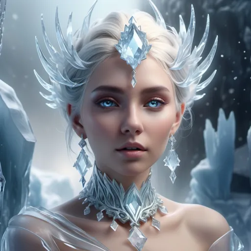 Prompt: An ethereal ice goddess with platinum hair and and gorgeous jewelry.  Icy effect, mist, fog, 3d rendering,  intricate details,  Unreal engine 5, holographic,  mirrowing effect, reflections,  panoramic view,  photorealistic,  stunning,  magical,  mystical,  luminism,  vibrant colors,  HDR, digital