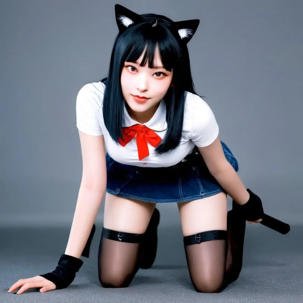 Prompt: Newjeans haerin black thigh highs,revealing short skirt, revealing crop top, on all fours, long black hair, bangs, well balanced colors, cat ears, animal collar, leash