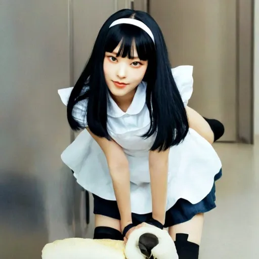 Prompt: Newjeans haerin black thigh highs, wearing only white apron, on all fours, long black hair, bangs