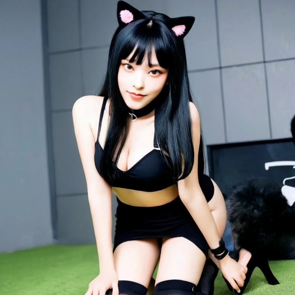 Prompt: Newjeans haerin black thigh highs,revealing black short skirt, revealing black crop top, on all fours, long black hair, bangs, well balanced colors, cat ears, animal collar, leash, black high heels