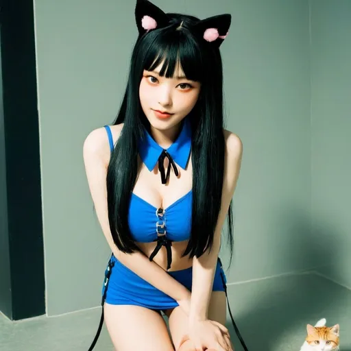 Prompt: Newjeans haerin black thigh highs,revealing short skirt, revealing crop top, on all fours, long black hair, bangs, well balanced colors, cat ears, animal collar, leash, tied up, swimsuit