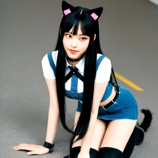 Prompt: Newjeans haerin black thigh highs,revealing short skirt, revealing crop top, on all fours, long black hair, bangs, well balanced colors, cat ears, animal collar, leash, tied up