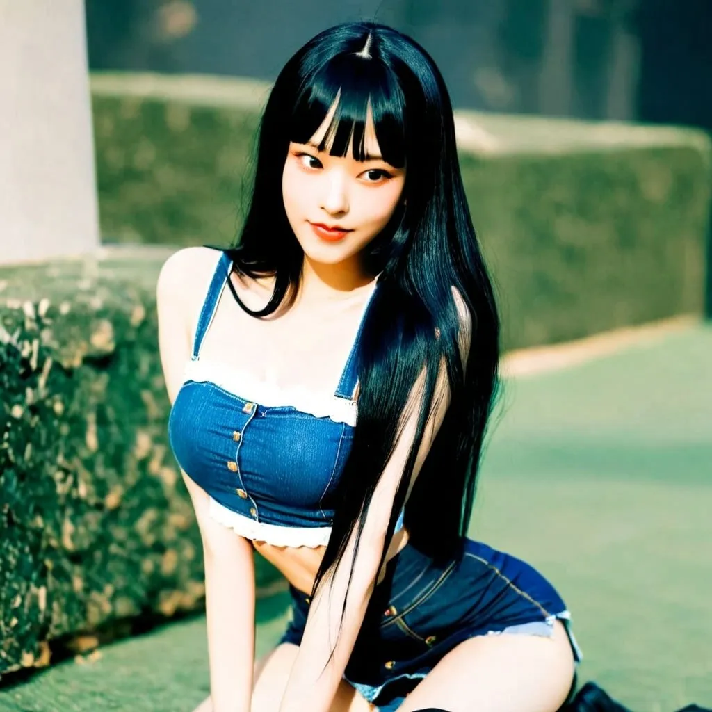 Prompt: Newjeans haerin black thigh highs, short skirt, crop top, on all fours, long black hair, bangs