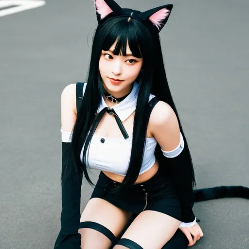 Prompt: Newjeans haerin black thigh highs,revealing short skirt, revealing crop top, on all fours, long black hair, bangs, well balanced colors, cat ears, animal collar, leash