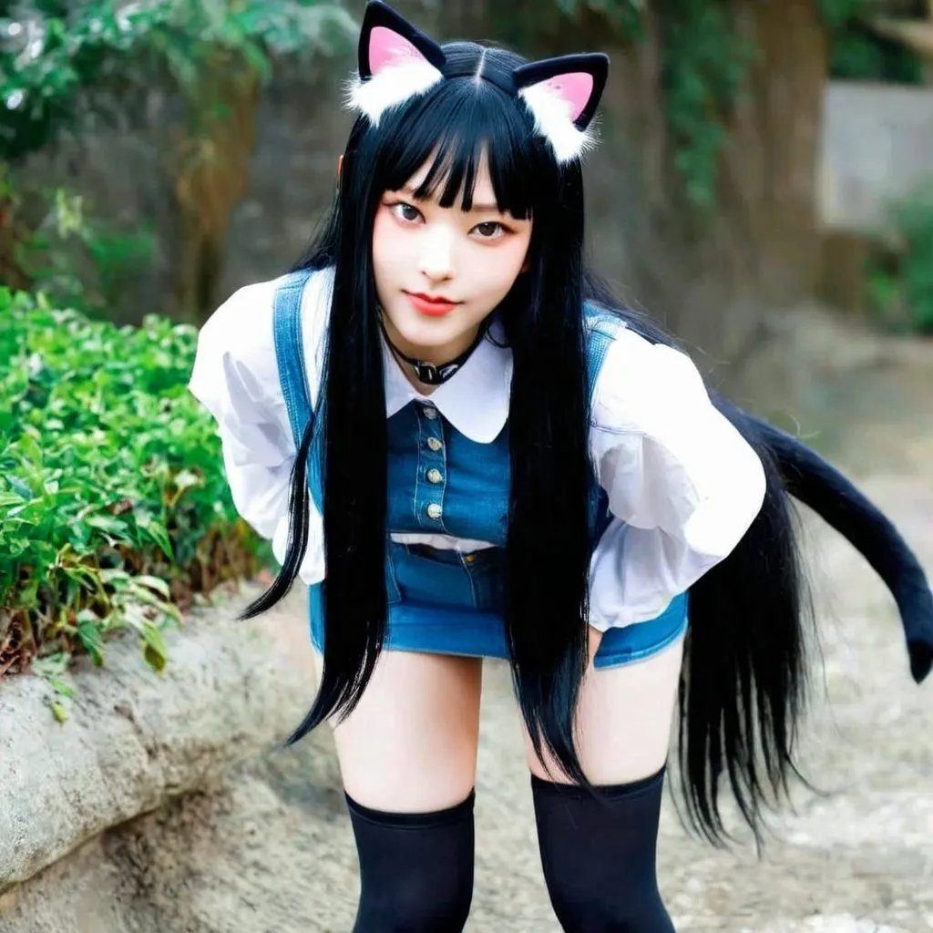 Prompt: Newjeans haerin black thigh highs,revealing short skirt, revealing crop top, on all fours, long black hair, bangs, well balanced colors, cat ears, animal collar, leash