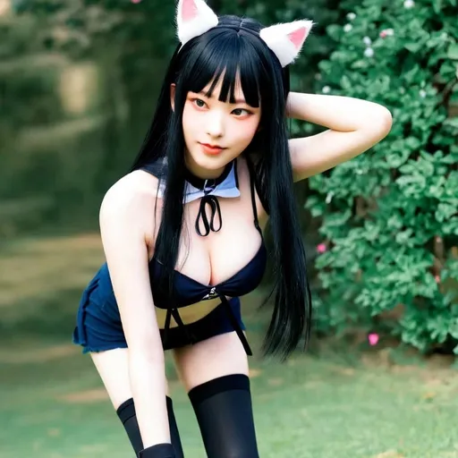 Prompt: Newjeans haerin black thigh highs,revealing short skirt, revealing crop top, on all fours, long black hair, bangs, well balanced colors, cat ears, animal collar, leash, tied up, swimsuit