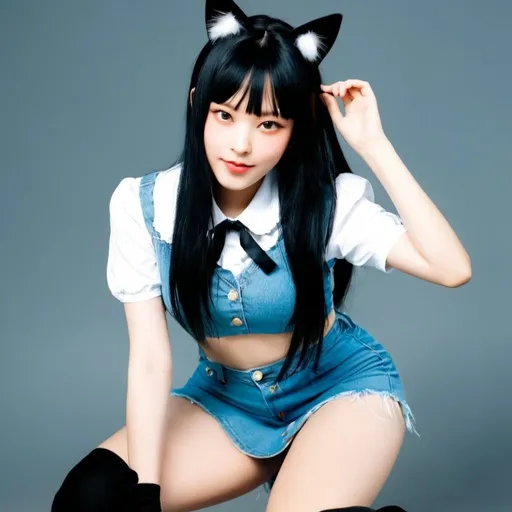Prompt: Newjeans haerin black thigh highs,revealing short skirt, revealing crop top, on all fours, long black hair, bangs, well balanced colors, cat ears, collar