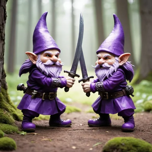 Prompt: purple gnomes fighting with swords