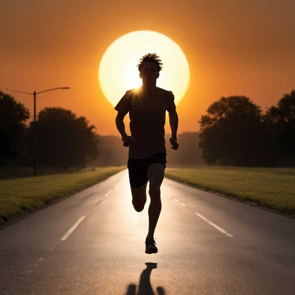 Prompt: And you run and you run to catch up with the sun but it's sinking
Racing around to come up behind you again
Sun is the same, in a relative way, but you're older
Shorter of breath and one day closer to death ( no number on shirt single runner in shadow silhouette)