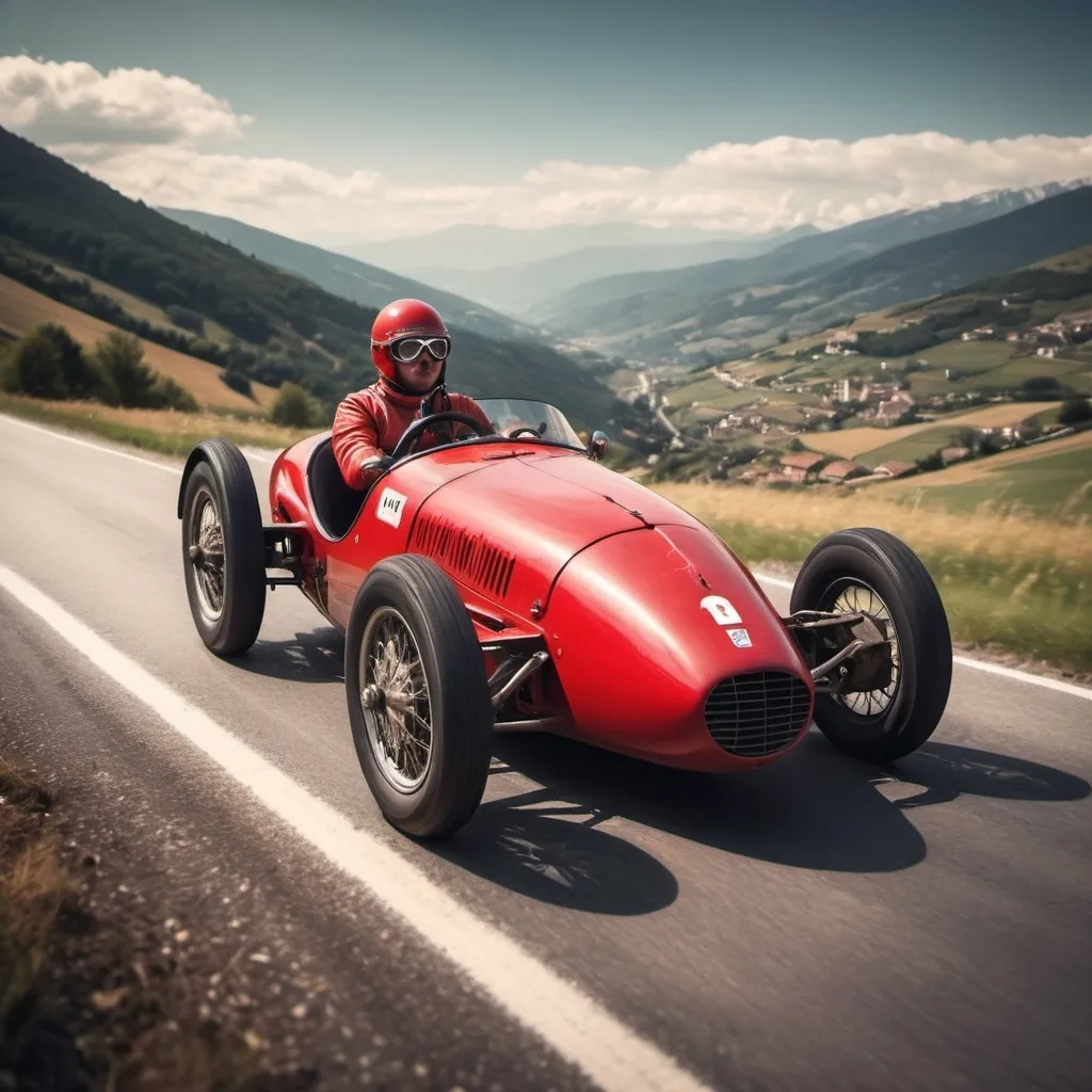 Prompt: Wind
In my hair, vintage single seater red barchetta, road racing goggles male driver no helmet countryside mountain road viewd from a distance, full view of car and scenery
Shifting and drifting
Mechanical music
Adrenaline surge