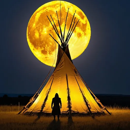 Prompt: As I awoke this evening with the smell of wood smoke clinging like a gentle cob web hanging upon a painted tee pee,  oh I went to see my chieftain with my war lance and my woman and he told me that the yellow moon would very soon be leaving. 