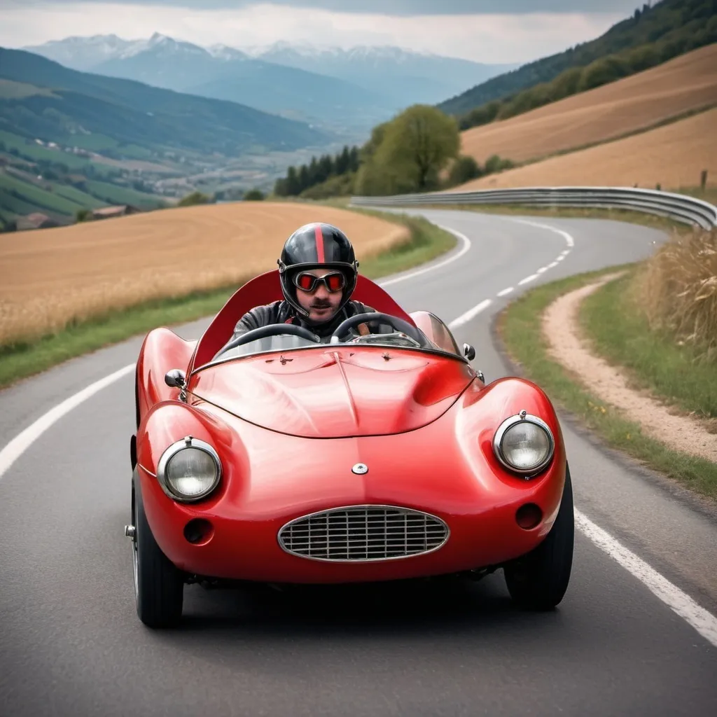 Prompt: Wind
In my hair, vintage single seater red barchetta, road racing goggles male driver no helmet countryside mountain road viewd from a distance, full view of car and scenery
Shifting and drifting
Mechanical music
Adrenaline surge