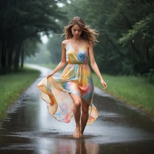 Prompt: She comes out the sun in a silk dress running like a water color in the rain