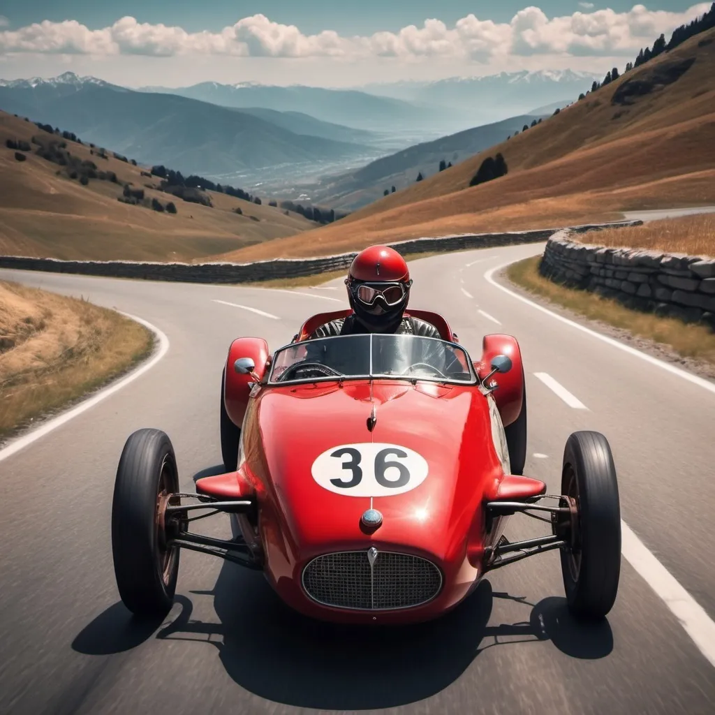 Prompt: Wind
In my hair, vintage single seater red barchetta, road racing goggles male driver mountain road viewd from a distance, full view of car and scenery
Shifting and drifting
Mechanical music
Adrenaline surge