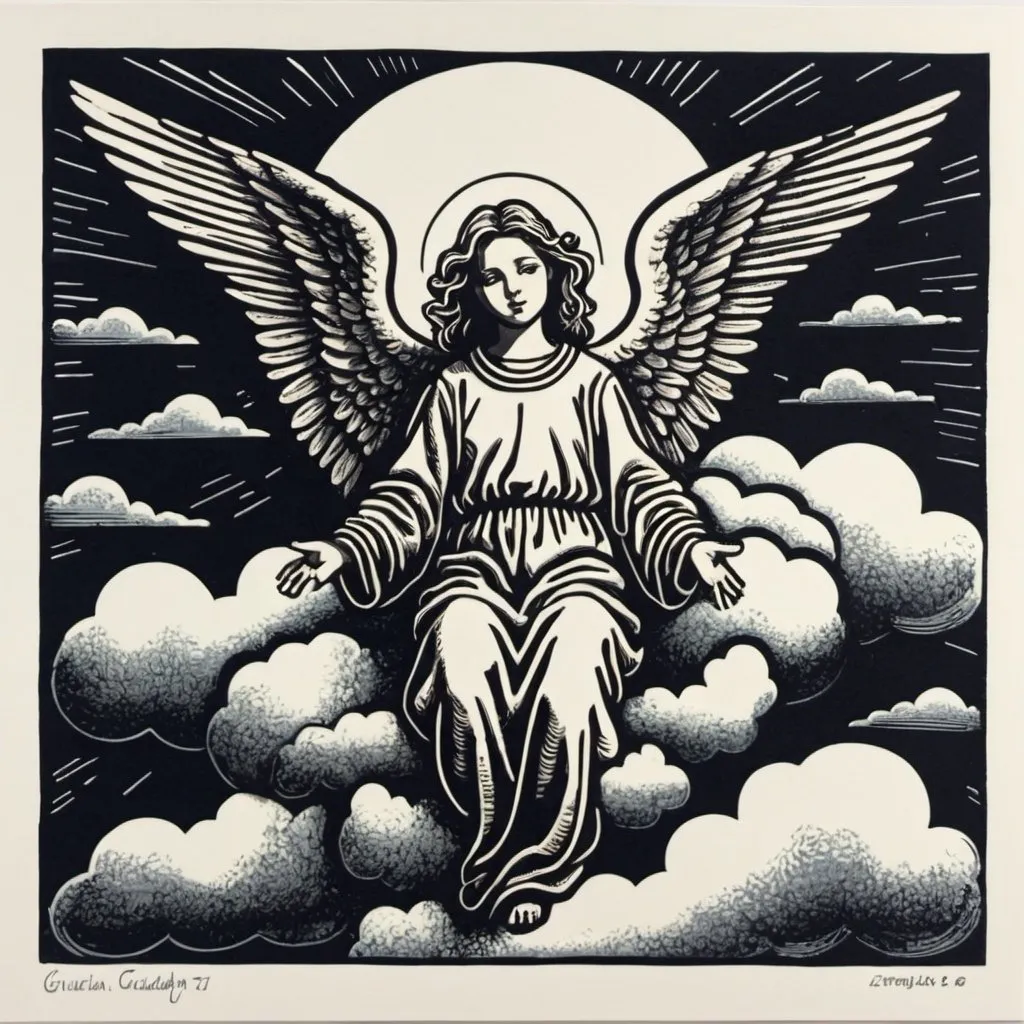Prompt: linocut of a guardian angel on cloud 

