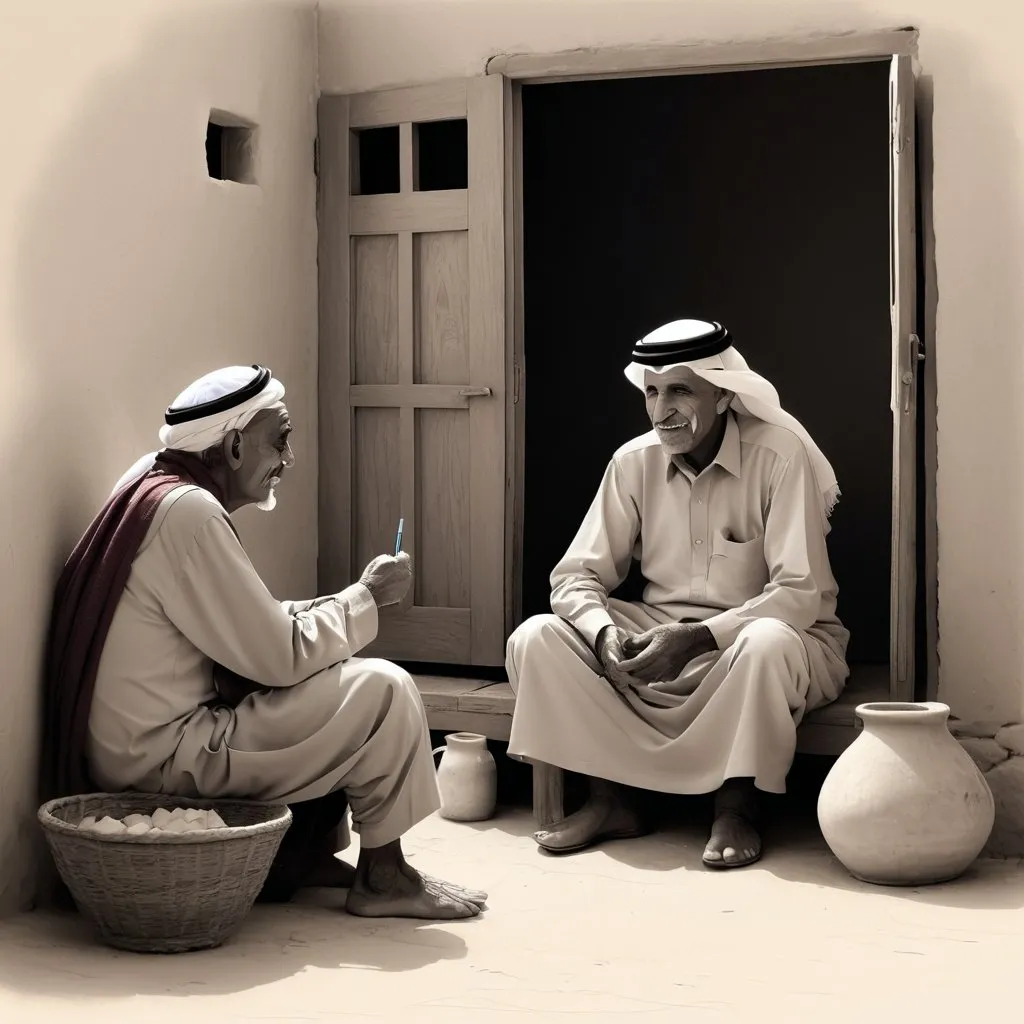 Prompt: very minimal pencil sketch of a Qatari Grandpa Sitting in their traditional house ( olden days atmosphere) and telling a story to a child while 