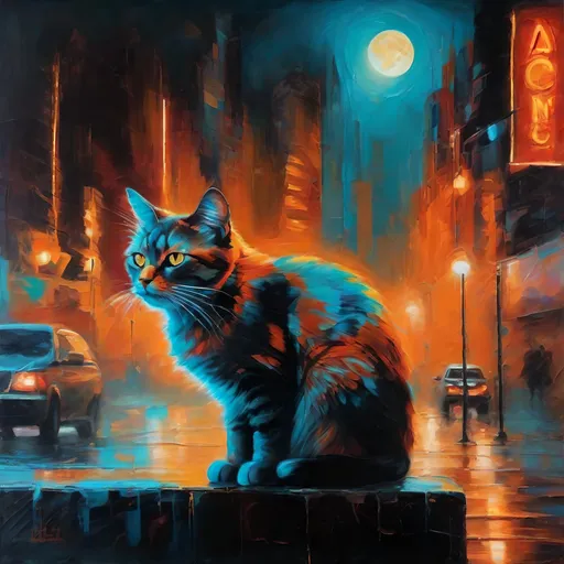 Prompt: oil paint, oil painting, visible brush strokes, portrait of a cat (orange cat, neon colors, neon lighting, red and cyan colors) on a dark dystopian night city background (bright moon in the sky, fog in the distance)