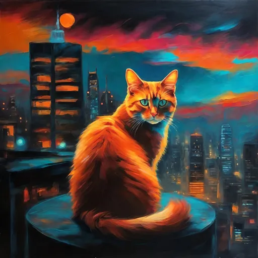 Prompt: oil paint, oil painting, visible brush strokes, portrait of a cat (orange cat, neon colors, neon lighting, red and cyan colors) on a dark dystopian night city background (bright moon in the sky, fog in the distance)