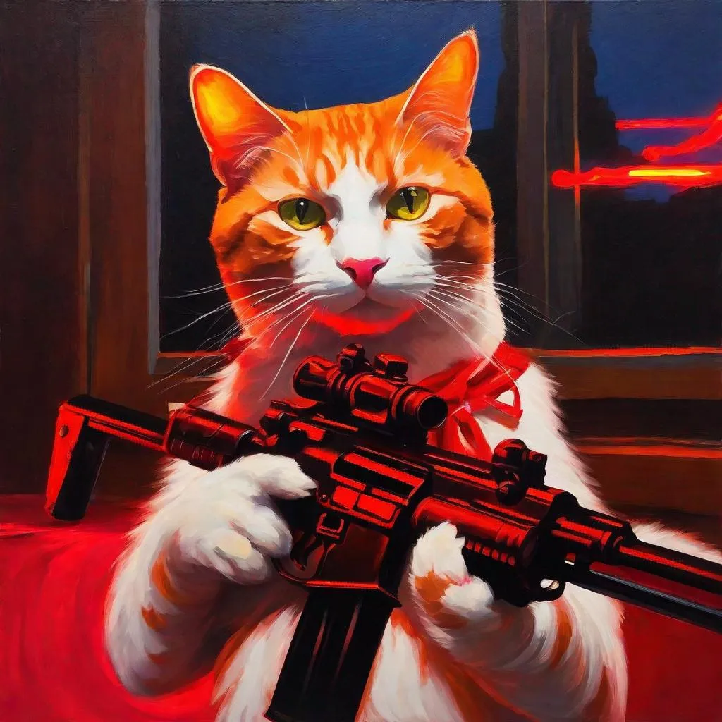 Prompt: neon lights, red lights, white lights, ginger cat with a gun, oil painting