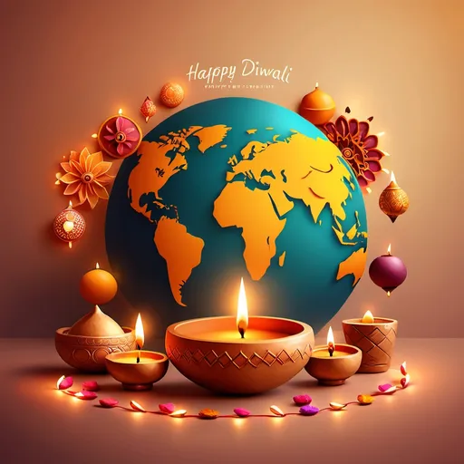 Prompt: A happy Diwali wish with world globe, lights, diya and sweets in simple aesthetics.