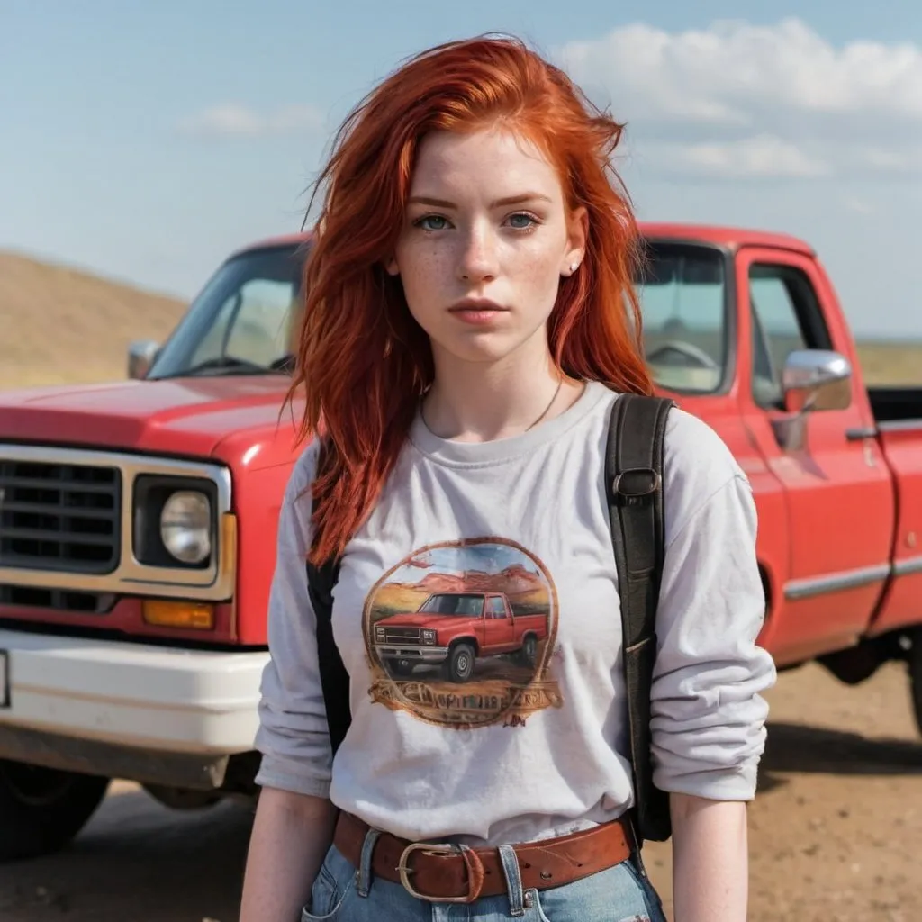 Prompt: a young adult female with red hair, 90s clothing, adventurous looking, with pickup trucks in the decent background