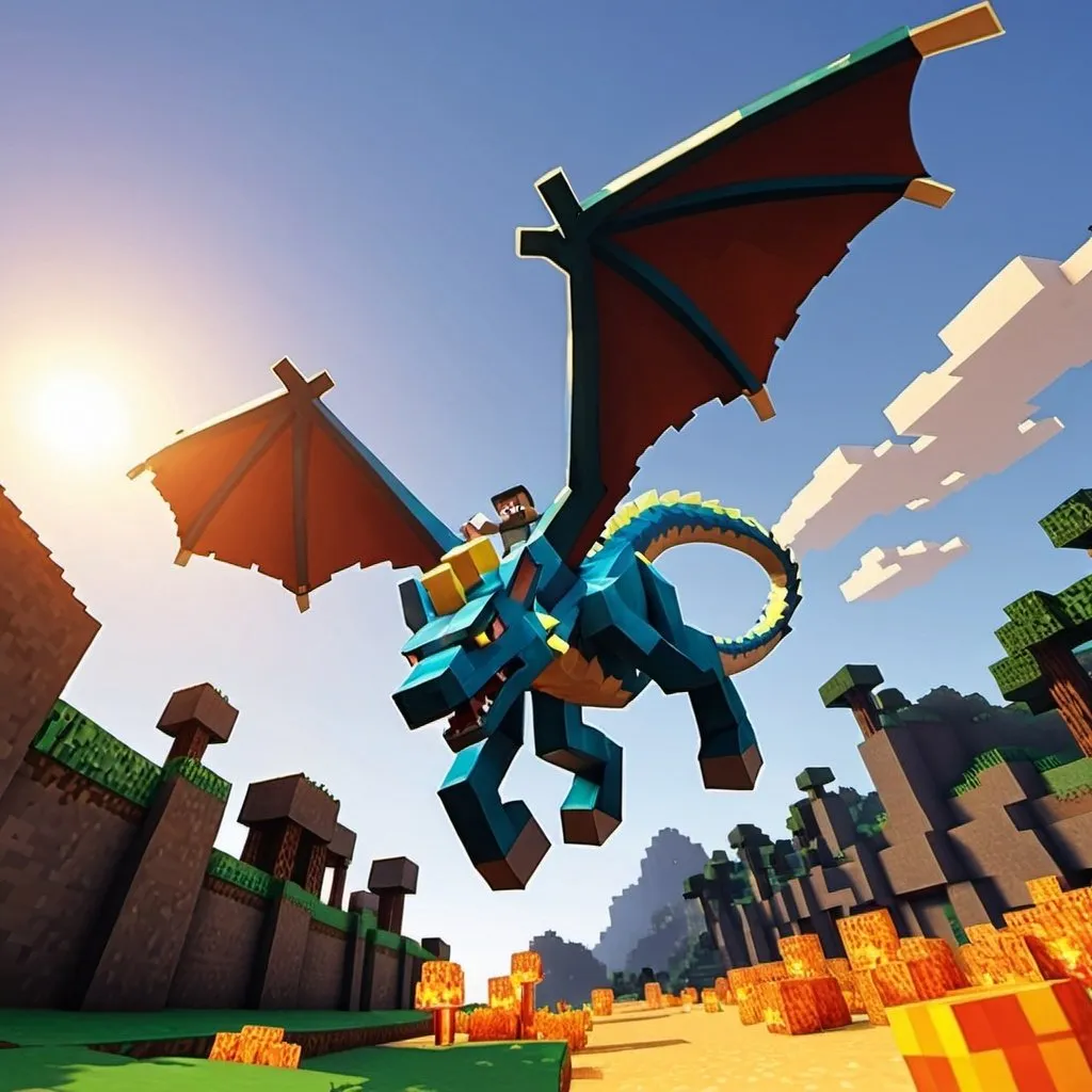 Prompt: un jugador de minecraft corriendo hacia el sol perseguido dragones 