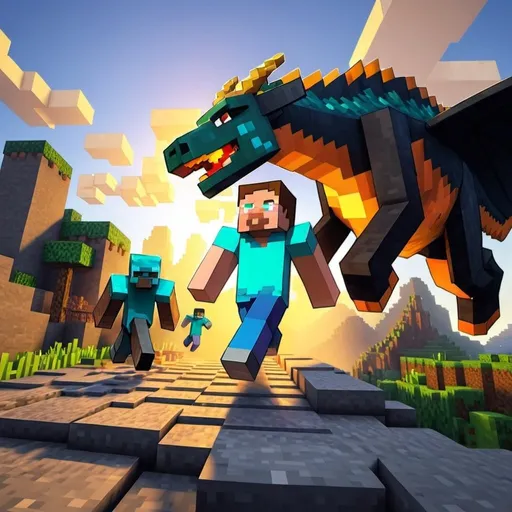 Prompt: un jugador de minecraft corriendo hacia el sol perseguido dragones 