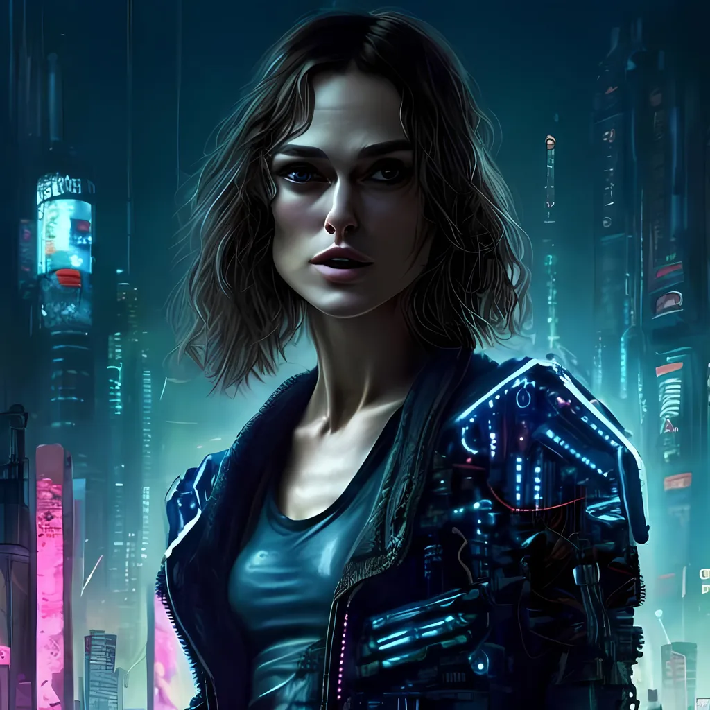 Prompt: keira knightley in cyberpunk scifi style