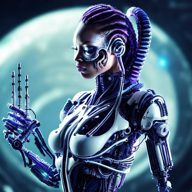 Prompt: Beautiful woman cyborg playing alien musical instrument, futuristic background, scifi