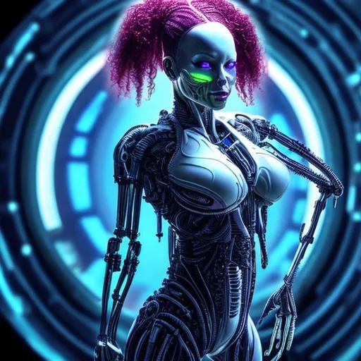 Prompt: Beautiful woman cyborg playing alien musical instrument, futuristic background, scifi