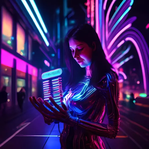 Prompt: Woman playing alien space musical instrument in the neon rain city night scifi