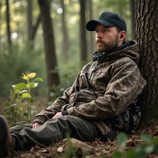 Prompt:  @Zpu2cNug0Q83gCeBNLQP Is leaning up against a tree in hunting gear in the forest. 