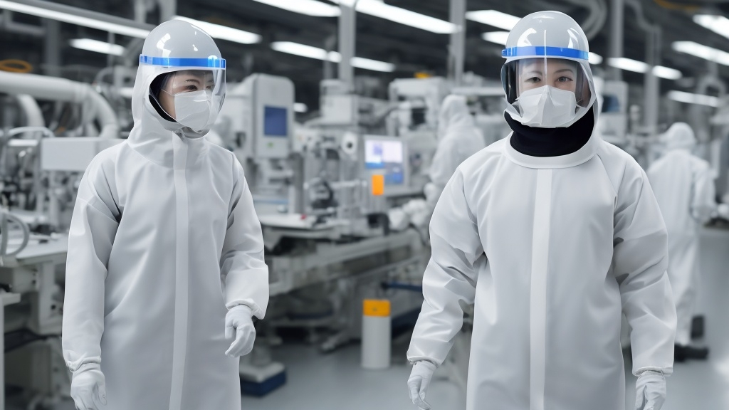 Prompt: (employee wearing a white full-body dustproof suit), introducing additional production facilities and auxiliary devices at Samsung Semiconductor Plant, (industrial environment), (advanced technology), cleanroom, high-tech machinery, futuristic setting, bright lighting, (ultra-detailed), (high quality), crisp and clean colors, professional atmosphere, (4K resolution), meticulously designed, precise, organized, seamless background, modern industry, sophisticated work environment, factory setting, (corporate and professional).