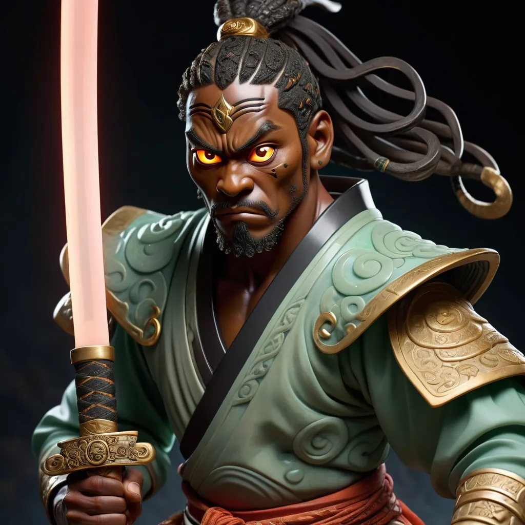 Prompt: spinning, twirling half samurai half tornodo: 
Muscular African American samurai with glowing eyes, long sword, in ethnic attire, high quality, detailed, traditional, fierce expression, intense lighting, glowing eyes, ancient warrior, powerful stance, intricate details, dark and moody, traditional art style



Onyx and jade pot, gold serpent handles, ancient mystical artifact, detailed carvings, luxurious material, high quality, fantasy, antique style, rich green and black tones, dramatic lighting, intricate details