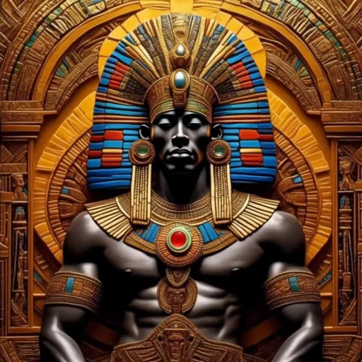 Prompt: <mymodel>((By Jabari Khalfani
<mymodel> A detailed painting in the style of Ancient Nubian Kush synthesized with Egyptian art, depicting a melanin pharaoh with a falcon head wearing a golden headdress, holding a staff adorned with the ankh symbol. The background should be a vibrant sunrise over the Nile River, with palm trees and a pyramid silhouetted against the sky. Use a rich color palette of blues, yellows, reds, and browns.