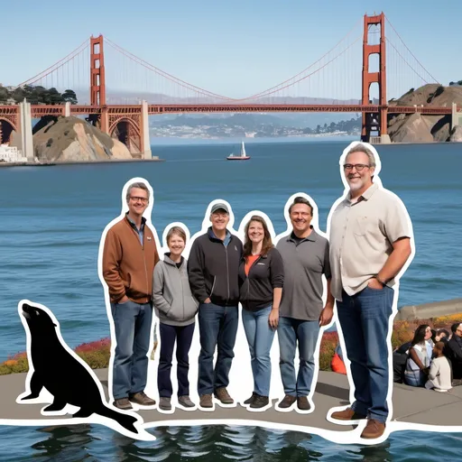 Prompt: Generate an image of a  cutout that people can step behind and get their photo taken. On the front of the cutout is a small image of the Golden Gate Bridge, Alcatraz, sea lion and harbor seal. In the center of the image shows the people getting their photo taken