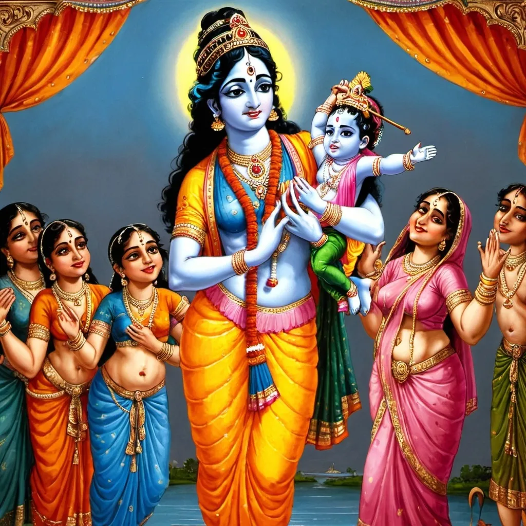 Prompt: Lord Krishna lifts the pallu of his mother Yashoda