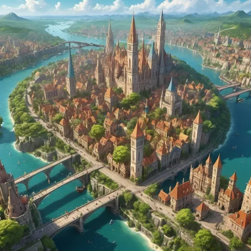 Prompt: A highly detailed map of bustling fantasy cities, showing district divisions, marketplaces, and architectural wonders like floating towers, bridges, and monuments