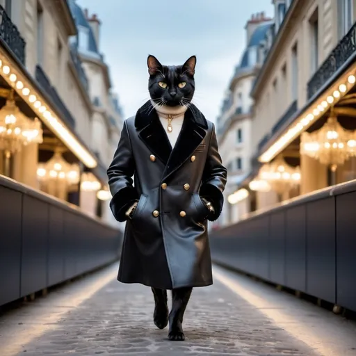 Prompt: a fashionable cat (full height in the view )wearing a prada black coat is walking on runway. runway is happening in a cattle in paris