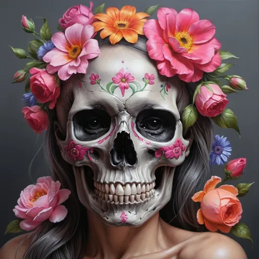 Prompt: Lady Pink Skull adorned with vibrant flowers, realistic oil painting, gray background, high quality, detailed realism, vibrant colors, dark and moody, realistic skull, colorful realistic flowers, oil painting, professional, highres, detailed, vibrant, dark tones, realistic lighting