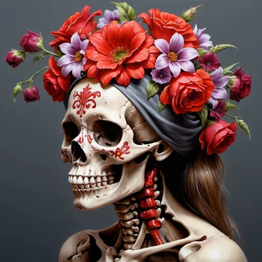 Prompt: Lady Skull red bones adorned with vibrant flowers, realistic oil painting, gray background, high quality, detailed realism, vibrant colors, dark and moody, realistic red skull, colorful realistic flowers, oil painting, professional, highres, detailed, vibrant, dark tones, realistic lighting