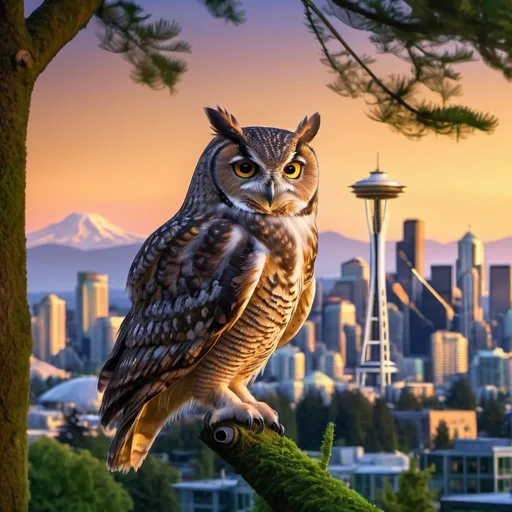 Prompt: (owl perched on a branch), Seattle skyline, (majestic, wise expression), lush green trees, evening light, warm hues contrasting with cool shadows, iconic Space Needle in the background, city lights beginning to twinkle, serene ambiance with hints of urban life, ultra-detailed, 4K quality, tranquil atmosphere, a touch of mystique enveloping the scene.