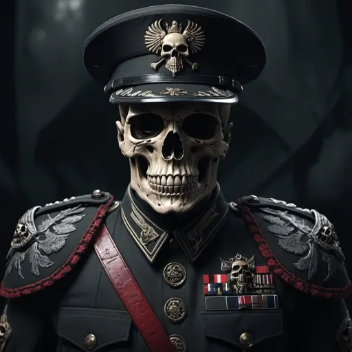 Prompt: (military uniform design), skull-themed uniform, menacing design elements, dark muted colors, detailed embroidery, heavy armor, tactical gear, Gothic influence, intricate patterns, crimson accents, intimidating look, photorealistic, dramatic shadows, gloomy atmosphere, high-resolution 4K, ultra-detailed, high depth, cinematic masterpiece, dark and sinister background, military-themed setting