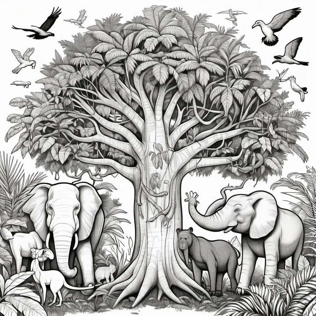 Prompt: A diagram of a jungle tree with various animals around it, showing the importance of trees in jungle ecosystems, outlined for coloring.